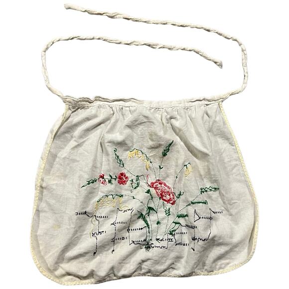 Vintage 1950 Half Apron White Cotton Hand Embroidered Floral Garden Apron Roses - Picture 6 of 12